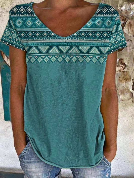 Western Geometric Print V-Neck T-Shirt