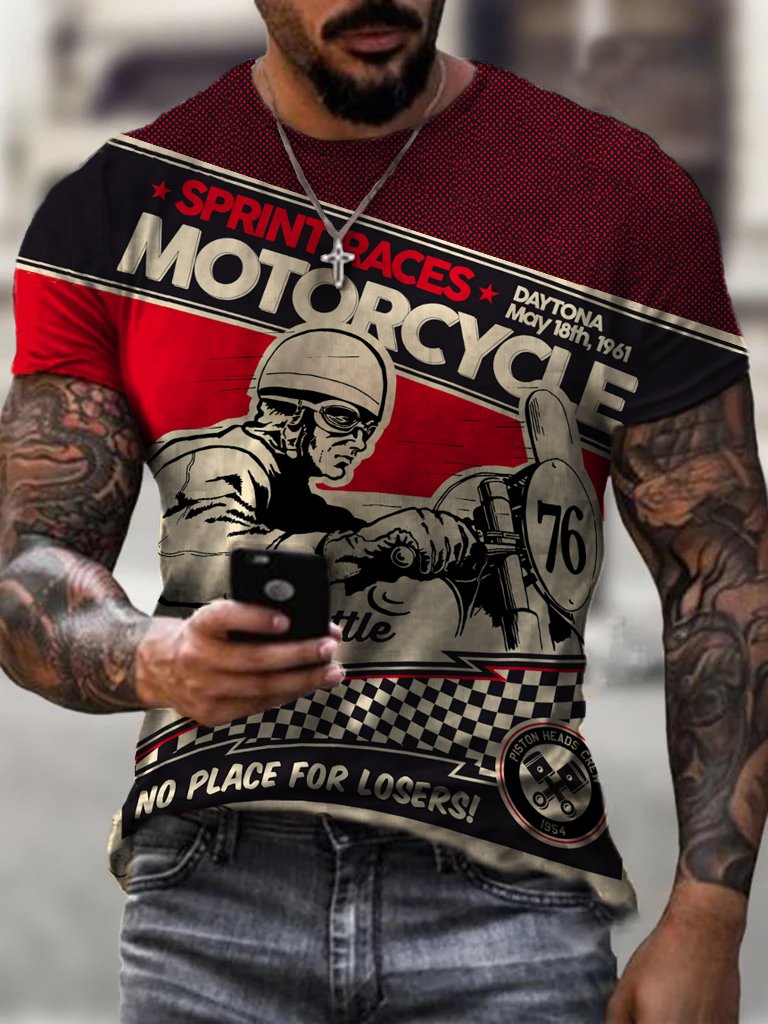 Mens Retro Motorcycle Printed Casual T-shirt