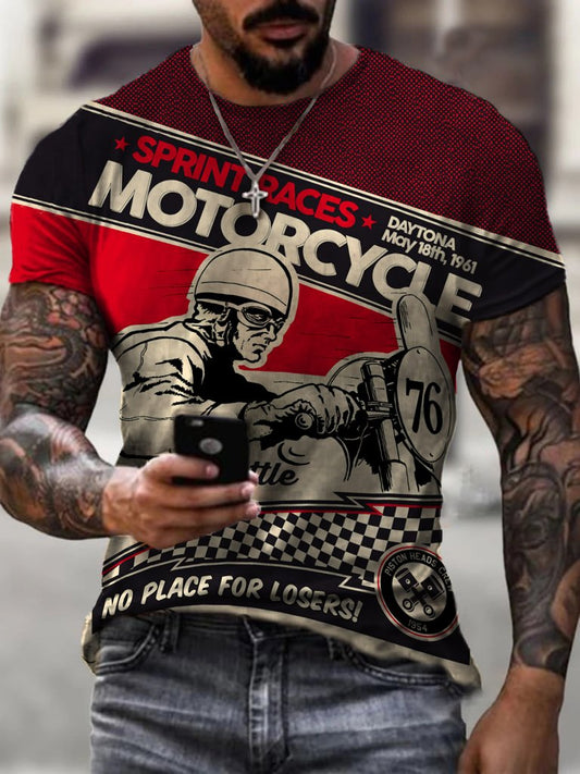 Mens Retro Motorcycle Printed Casual T-shirt