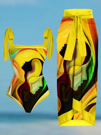 Fashion Vintage Abstract Print One Piece Swimsuit Set