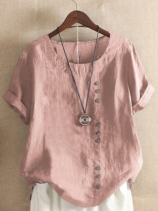Women's Vintage Cotton Linen Button Crew Neck Short Sleeve T-Shirt