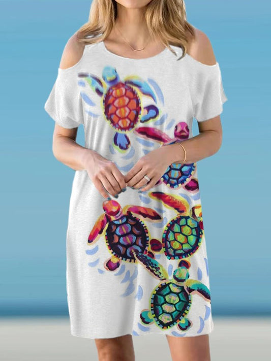 Off-Shoulder Crew Neck Printed Resort Dress