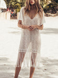 Women's Casual Loose Tassel Lace V-neck Beach Blouse