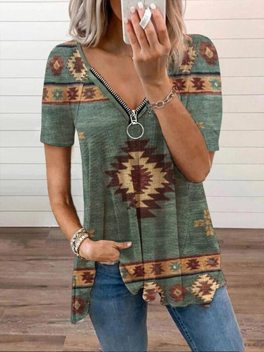 Women's Vintage Aztec Print Zip V-Neck T-Shirt