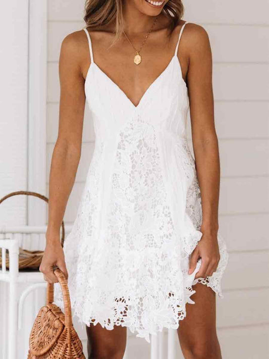 Strap V-Neck Solid Color Lace Dress