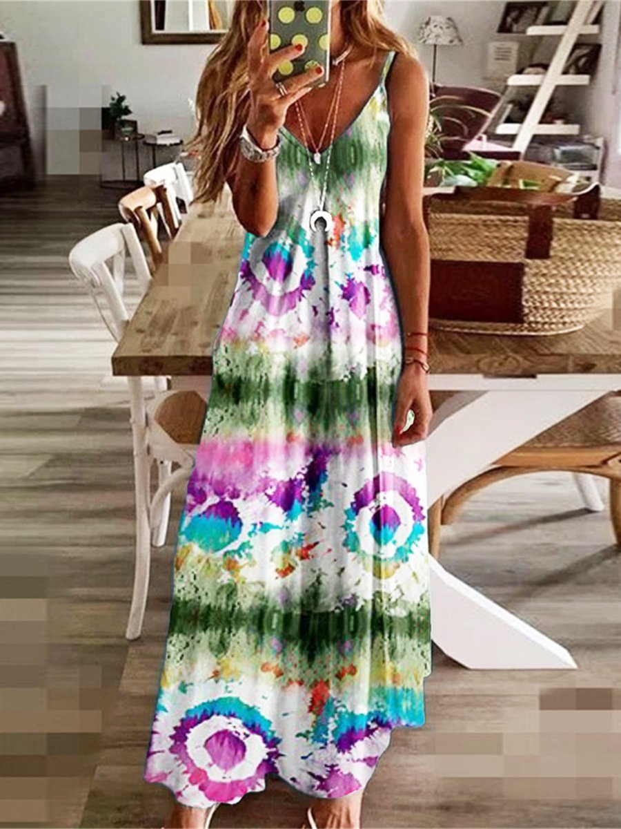 V-neck Fashion Print Loose Strap Dress