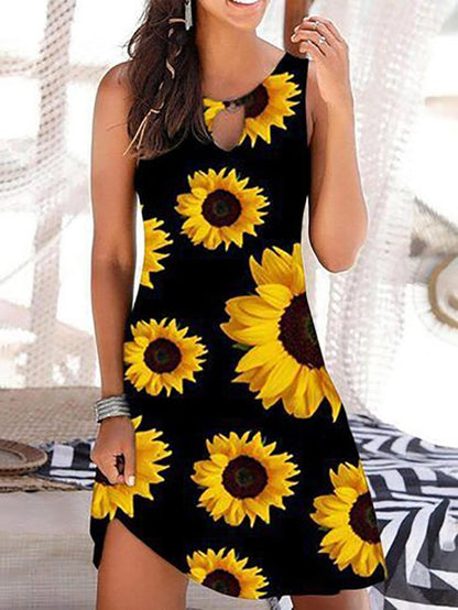 Sunflower Print Sleeveless Resort Dress