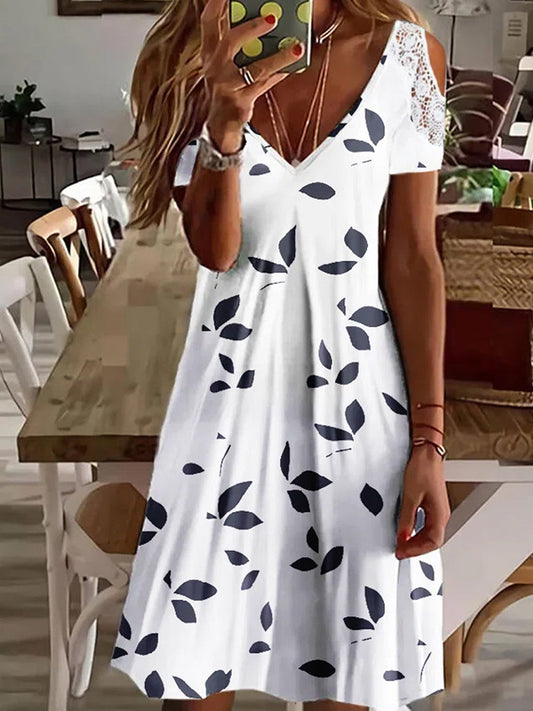 Casual Leaf Print Short Sleeves V Neck Short Dress