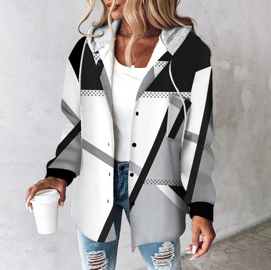 Black and White Print Hoodie Outerwear