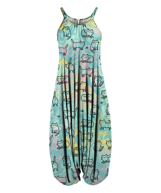 Cute cartoon cat green print harem jumpsuit