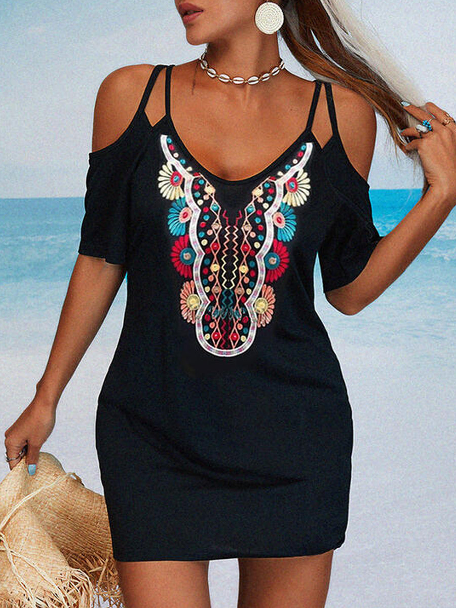 Print 1/2 Sleeves Cold Shoulder Sleeve Above Knee Casual Dresses