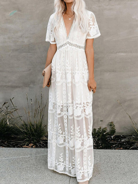 Lace Solid Short Sleeves A-line Maxi Dress