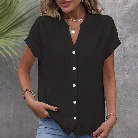 Basic Black Button Front Rolled Sleeve Blouse Top