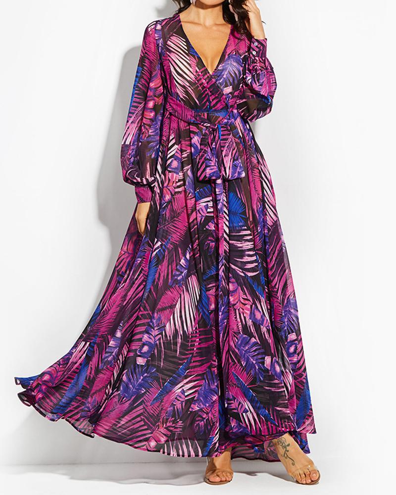 Green Leaf Print Maxi Dress