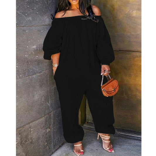 Off Shoulder Solid Lantern Sleeve Jumpsuit