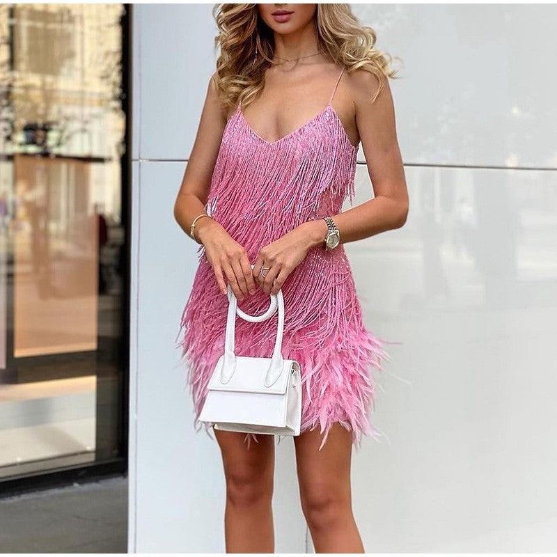 Women's Feather Fringe Sequin Spaghetti Strap Dress（Free Shipping For A Limited Time!）