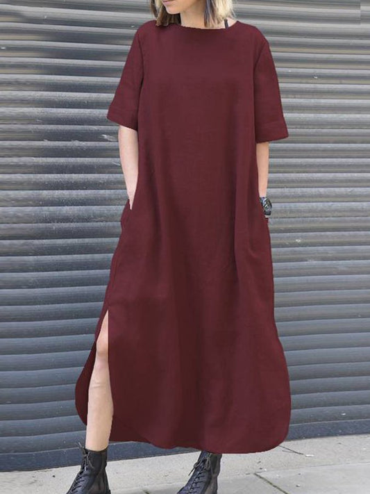 Ladies cotton and linen round neck casual dress