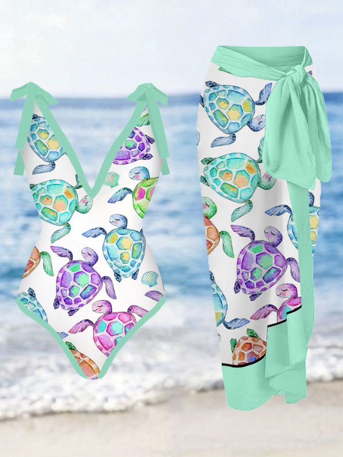 V-Neck Turtle Print One-Piece Swimsuit