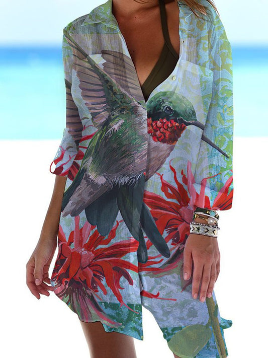 Hummingbird Print Casual Sun Protection Shirt