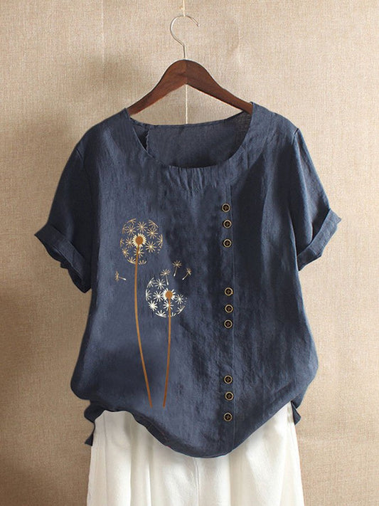 Cotton Linen Print  Short Sleeve Shirt