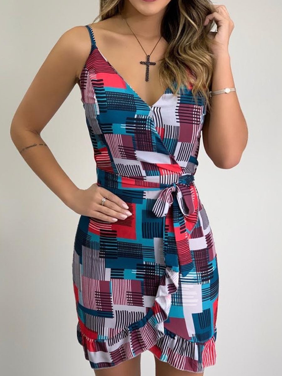 V-neck Sling Colorblock Mini Dress