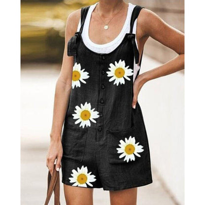 Sweet Daisy Pocket Cotton And Linen Shorts Jumpsuit