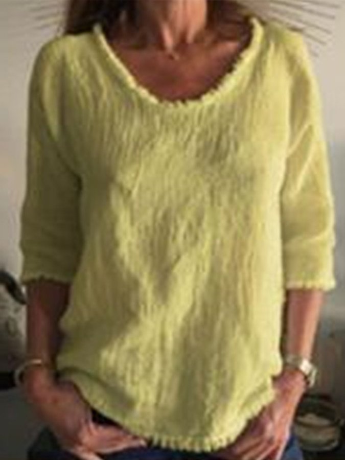 Women's Cotton Linen Solid Color Casual Loose Crew Neck T-Shirt