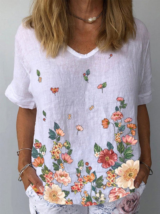 Women's Floral Print Cotton Linen T-Shirt