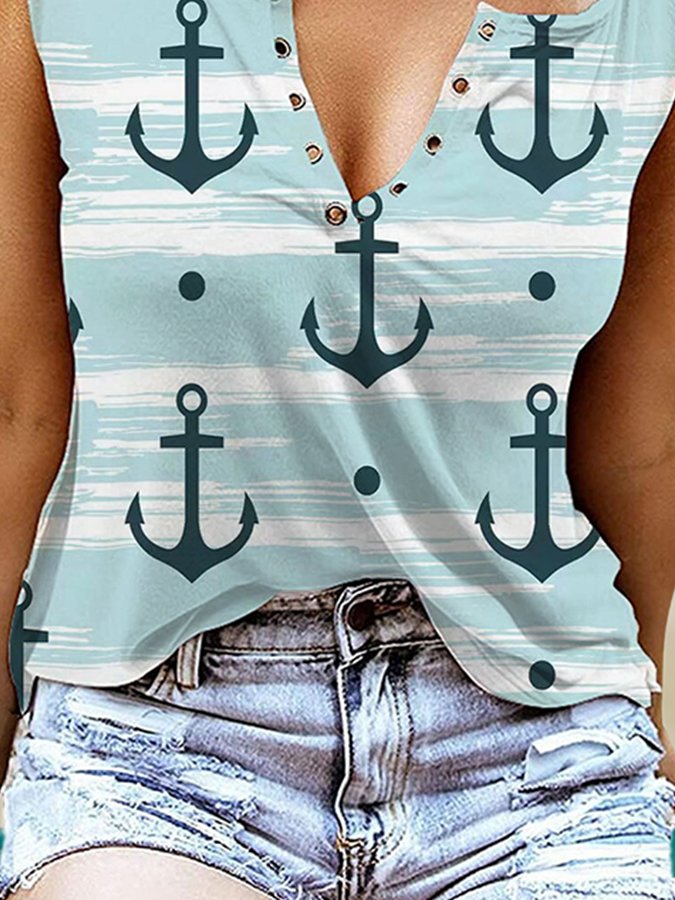 Ocean Print V-Neck Sleeveless Tank Top