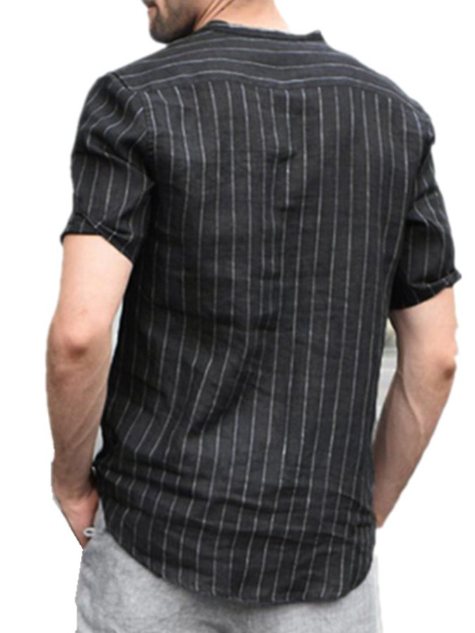 Men's Cotton Linen Striped Casual Stand Collar Pullover Shirt