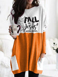 Women's Fall For Jesus He Never Leaves Pocket T-Shirt