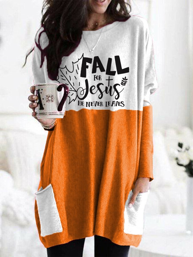 Women's Fall For Jesus He Never Leaves Pocket T-Shirt