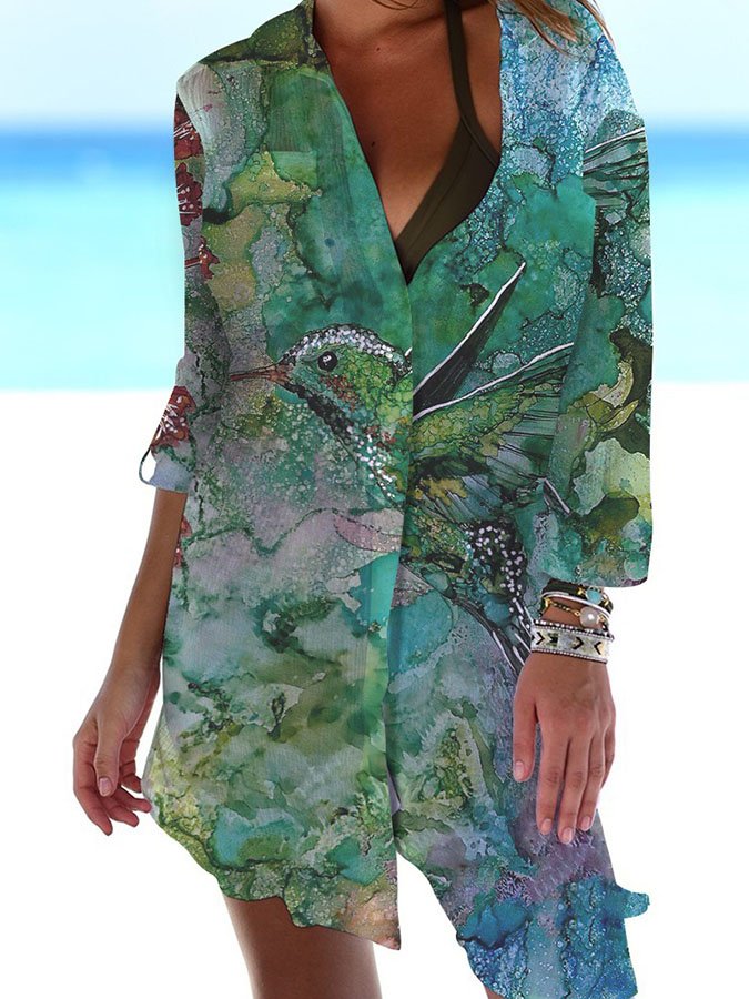 Hummingbird Print Casual Sun Protection Shirt