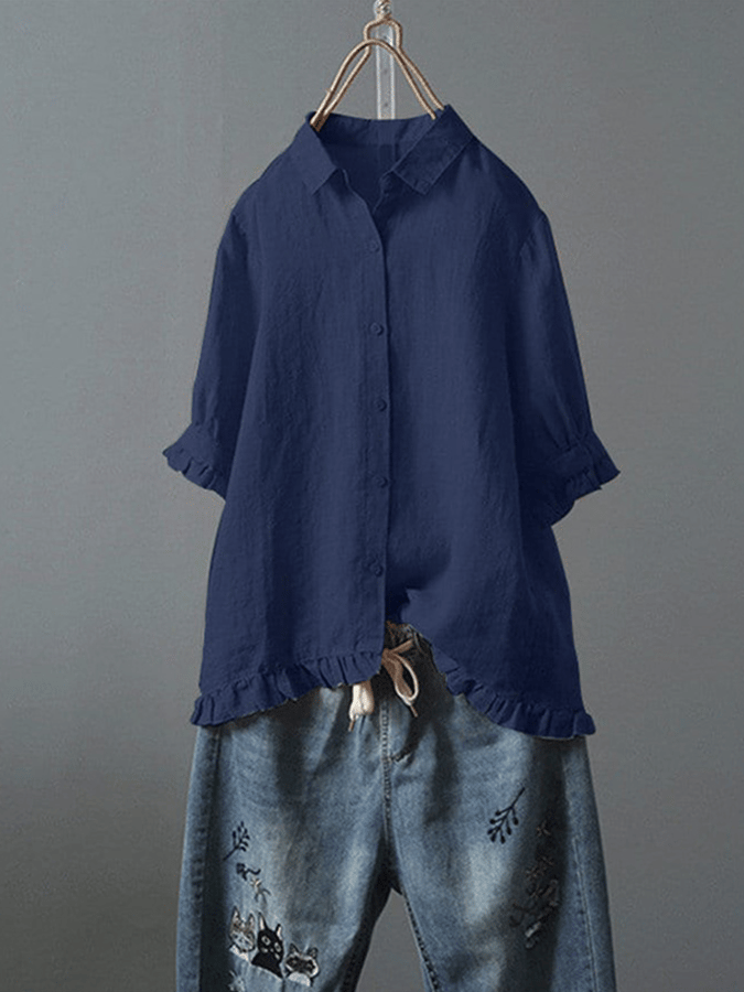 Women's Single Breasted Ruffle Cotton Linen Short Sleeved Shirt