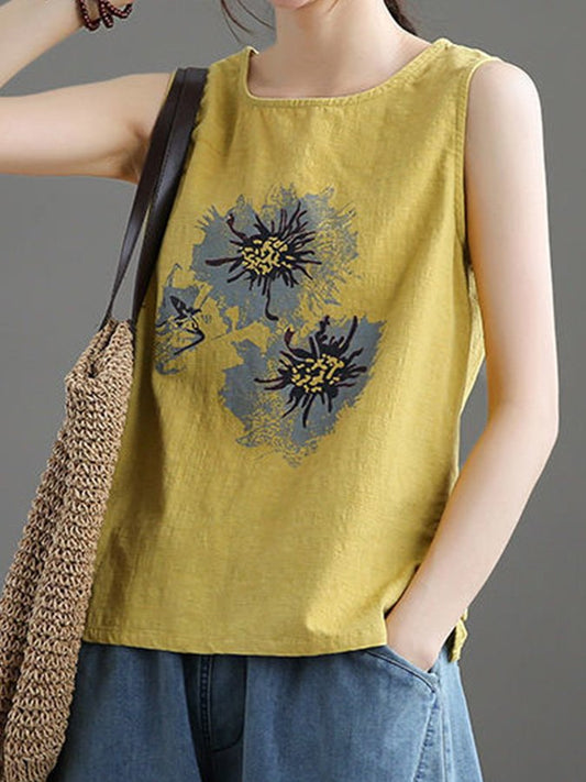 Ladies Cotton Linen Print Sleeveless Top