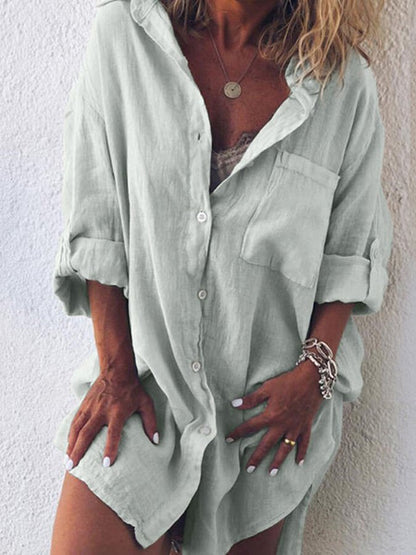 Ladies Cotton Linen Casual Loose Pocket Shirt