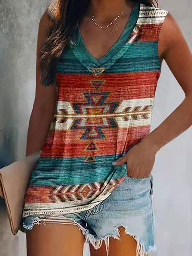 Ethnic Print V-Neck Vest