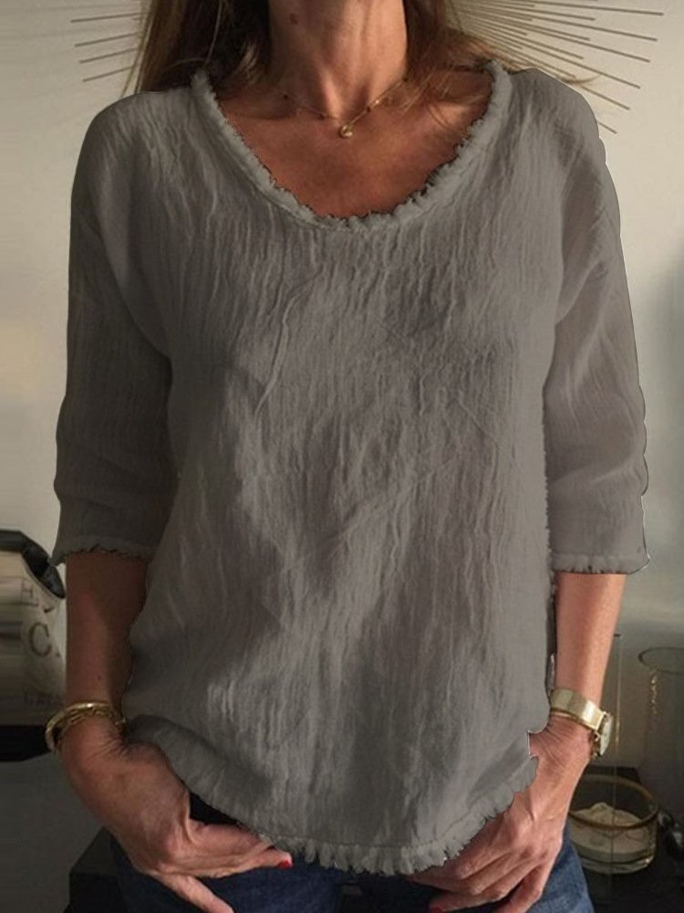 Women's Cotton Linen Solid Color Casual Loose Crew Neck T-Shirt