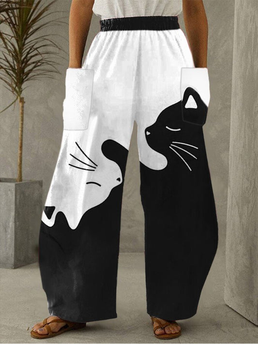 Color Block Cat Print Wide-Leg Pants