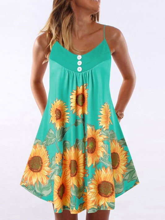 Sunflower Print Strapless Dress