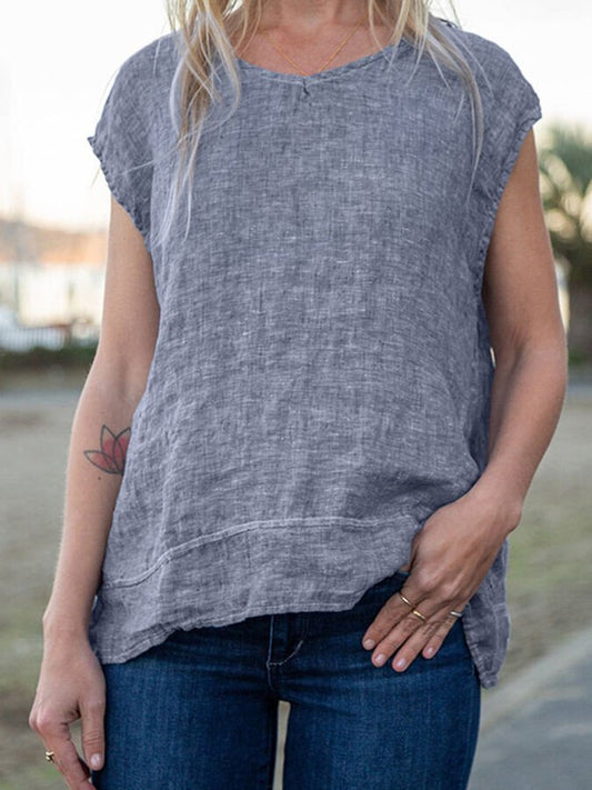 Ladies Cotton Linen Round Neck Sleeveless Simple Tank Top