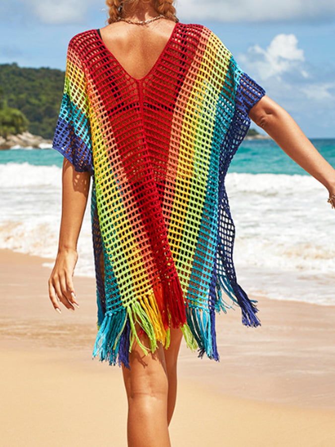 Women's Casual Loose Rainbow Hollow Beach Blouse