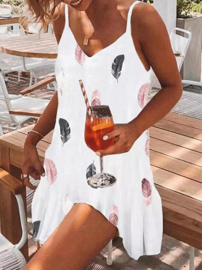 Feather Print Strap Beach Dress