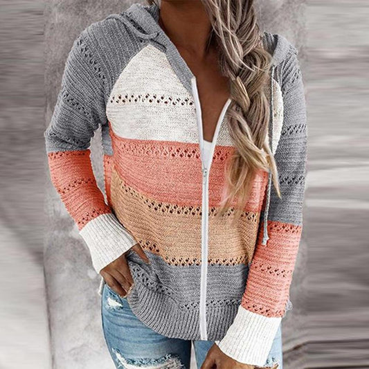 Zipped Horizontal Stripe Knit Hoodie