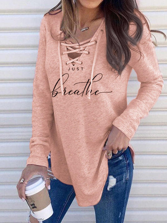 Printed Bandage V-Neck Long Sleeve T-Shirt