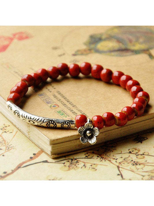 Women's ethnic style flower glaze bead ceramic bracelet