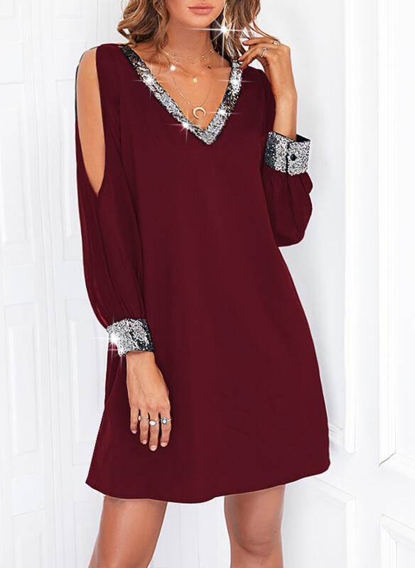 Women's Solid Sequins Long Sleeves Cold Shoulder Dress