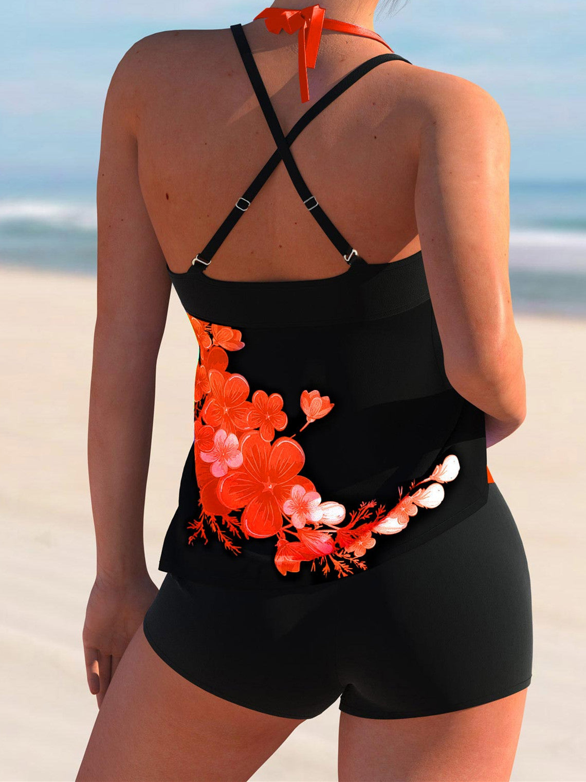 Cross Strap Floral Print Halter Tankini Set