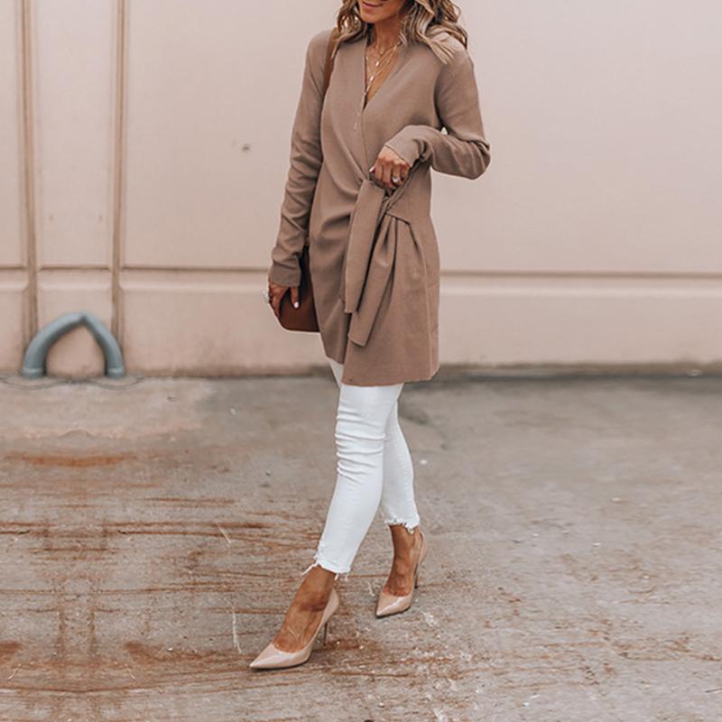 Solid Color V-Neck Casual Outerwear