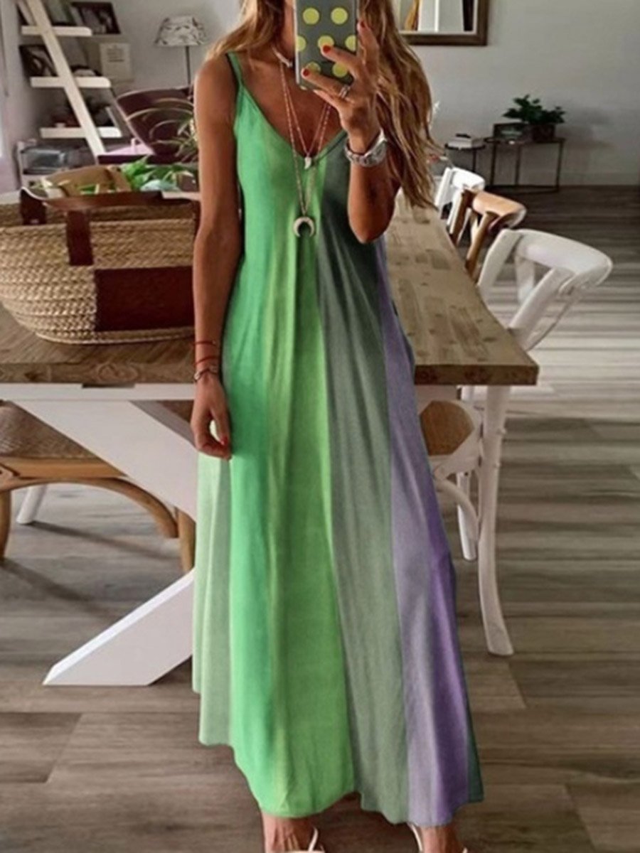 V-Neck Straps Color Block Maxi Dress
